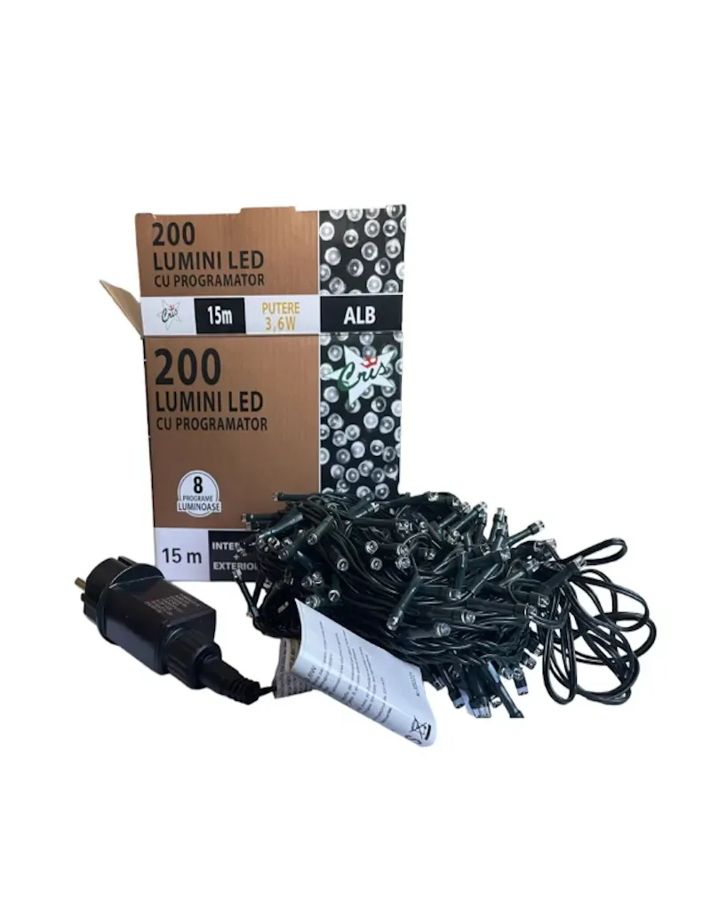 Ghirlandă Luminoasă 15m, 200 LED-uri, 8 Moduri, Alb